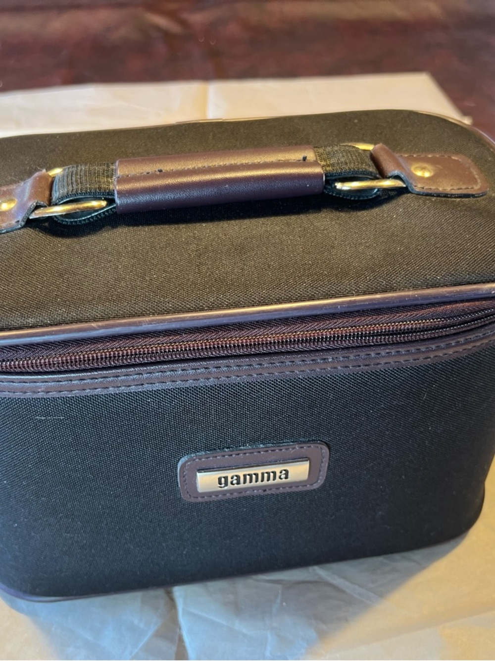 Men's or Women Black Toiletry Train Case with Brown Trim